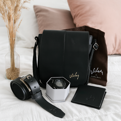 Kit Exclusivo de Caballero – Bolso, Billetera, Cinturón y Reloj