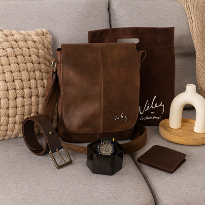 Kit Exclusivo de Caballero – Bolso, Billetera, Cinturón y Reloj
